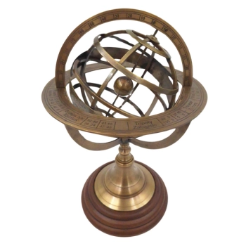 Mosiężne astrolabium sferyczne na drewnianej podstawie, mosiężny model sfery niebieskiej (Sfera Armilarna) podstawowy żeglarski przyrząd nawigacyjny